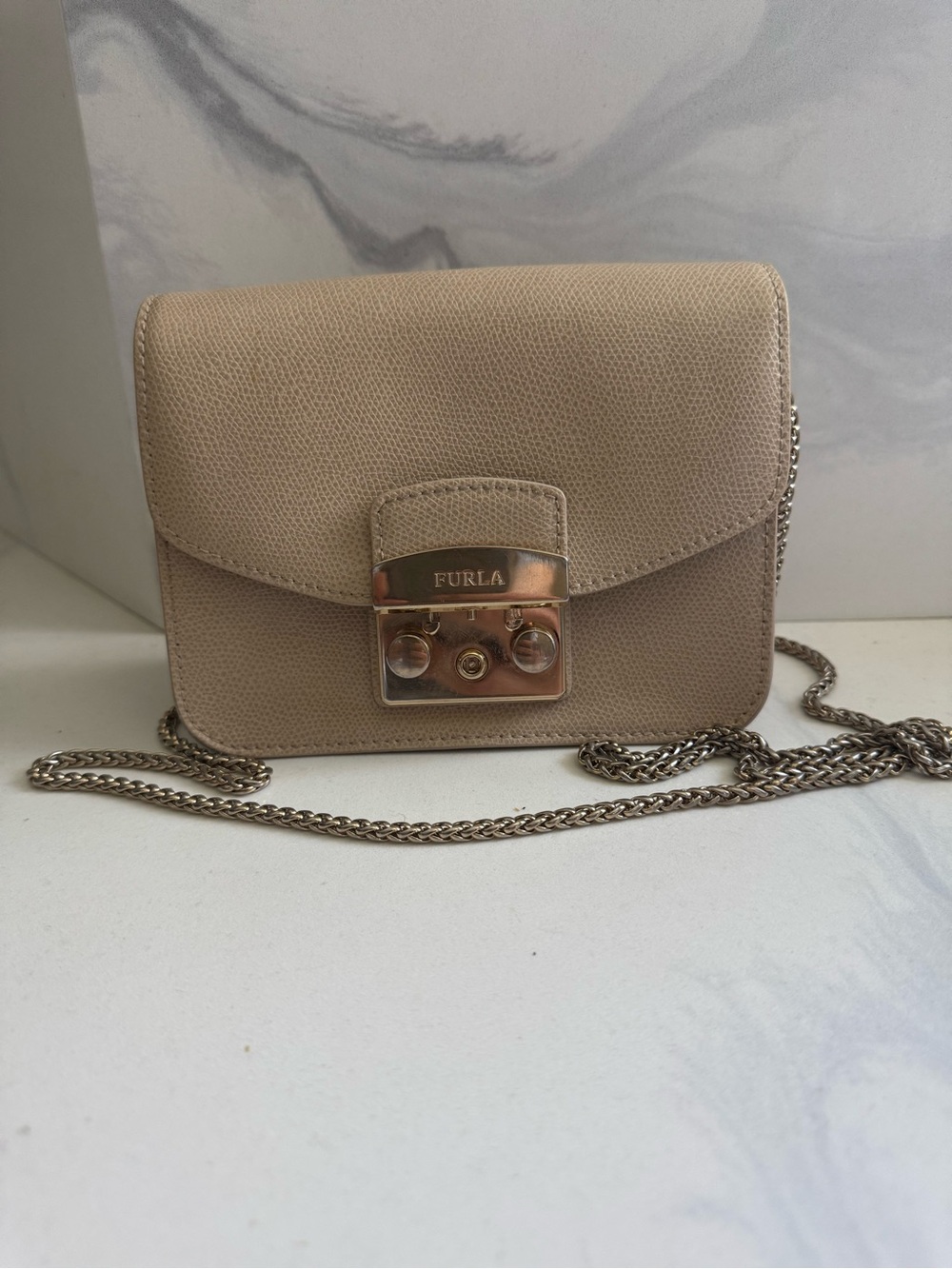 Furla Taupe Crossbody With Gold-Tone Lock & Chain